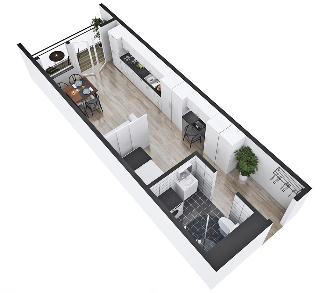 3D-planritning över en modern 1,5 rum och kök lägenhet på Campus Hills i Karlstad, med öppet kök, vardagsrum och helkaklat badrum.