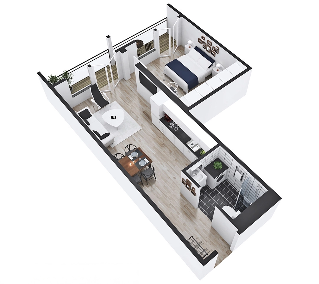 3D-planritning över en modern 2 rum och kök lägenhet på Campus Hills i Karlstad, med separat sovrum, öppet vardagsrum och helkaklat badrum.