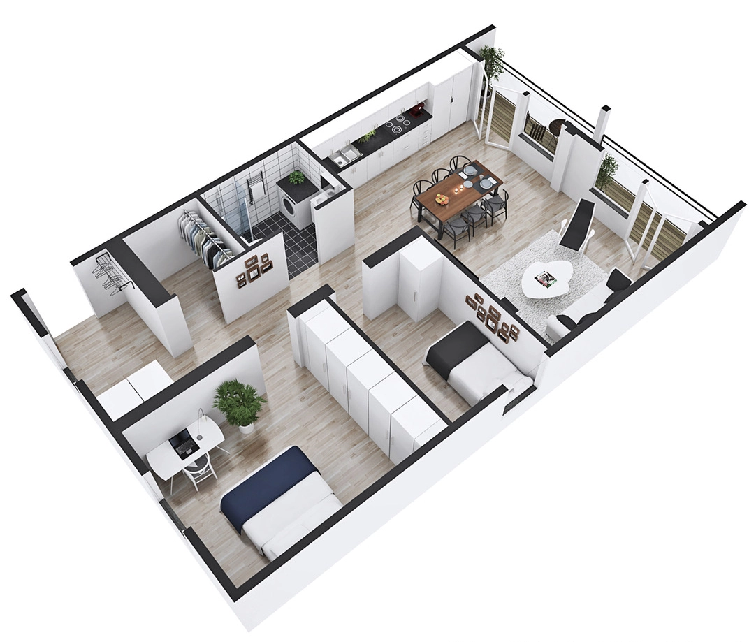 3D-planritning över en modern 3 rum och kök lägenhet på Campus Hills i Karlstad, med två sovrum, öppet vardagsrum och helkaklat badrum.